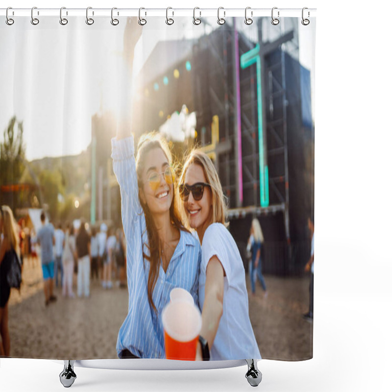 Personality  Joyful Two Young Girlfriends Have Fun With Beer At The Beach Party. Happy Two Women Enjoy The Weekend At The Music Festival. The Concept Of Friendship, Holiday, Weekend. Shower Curtains