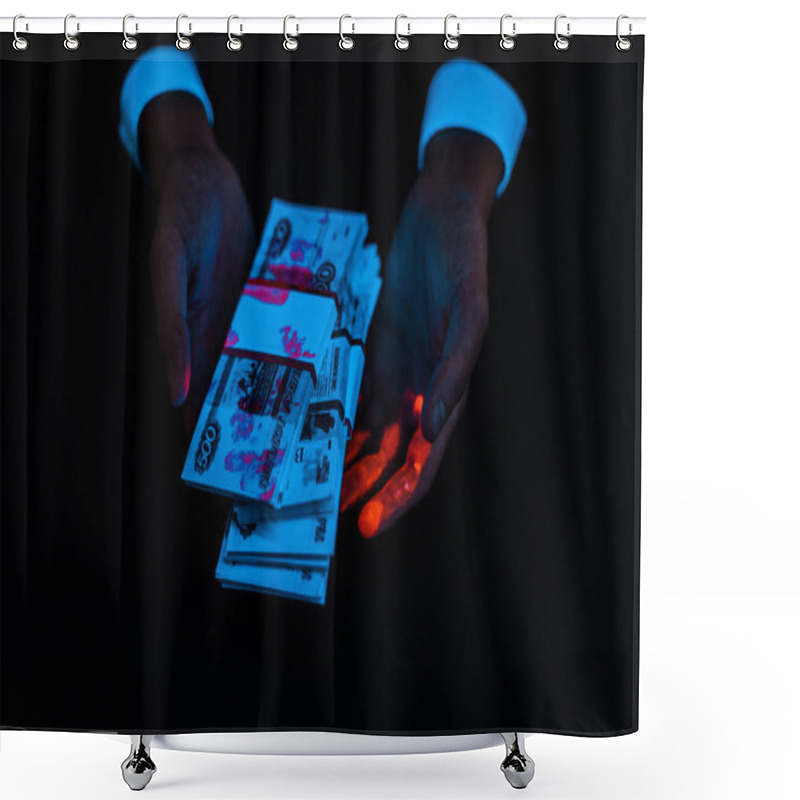 Personality  Cropped View Of Man Holding Bribe Under Uv Lighting Isolated On Black  Shower Curtains