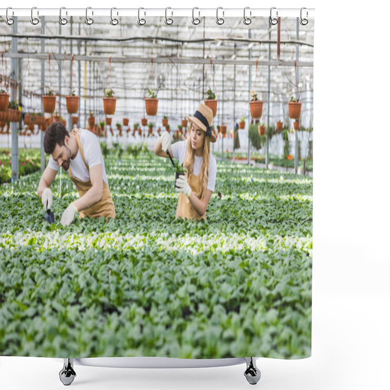 Personality  Smiling Gardeners Planting Flowers In Greenhouse Shower Curtains