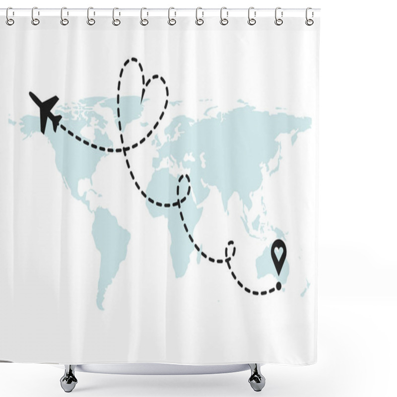 Personality  Vector Love Airplane Route. Air Plane Flight Route With Start Point And Dash Line Trace. Romantic Travel, Heart Dashed Path Isolated On World Map Background. Shower Curtains