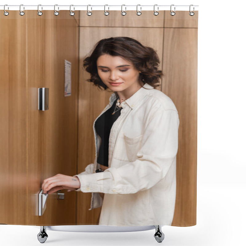 Personality  Check-in, Young Woman In White Shirt And Black Crop Top, With Wavy Brunette Hair, Opening Entrance Door Of Accommodation With Electronic Keycard In Modern Hotel With Secure Entry, Travel Lifestyle Shower Curtains