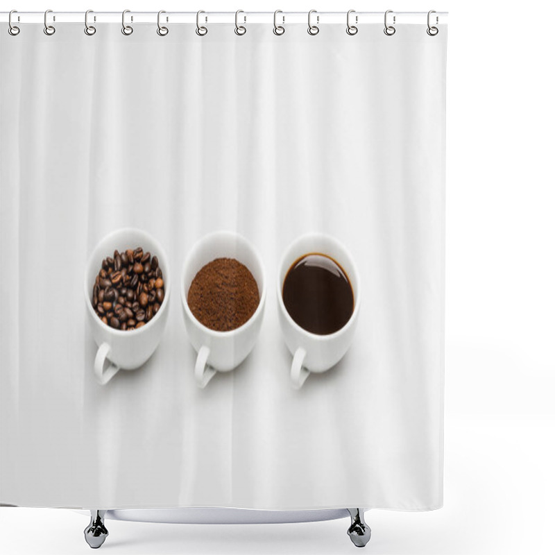 Personality  Cups With Ground And Prepared Coffee Near Beans On White Shower Curtains