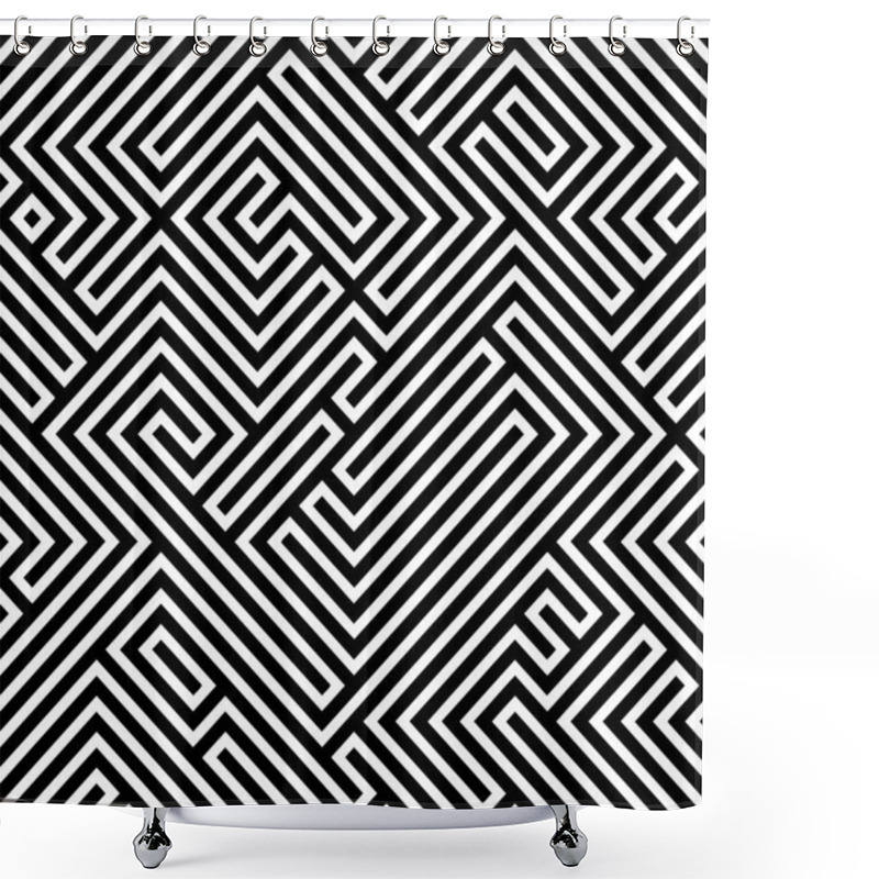 Personality  A Black And White Linear Pattern Made Up Of Geometric Angular Maze Lines. Shower Curtains