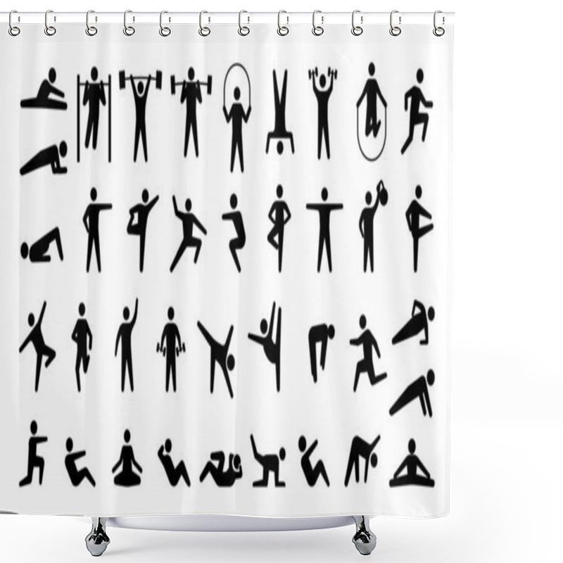 Personality  Human Sport Icons. Training Persons Silhouettes. Signs Of People Doing Fitness And Weightlifting Exercises Or Practicing Yoga. Stretching Or Bodybuilding Workout. Vector Symbols Set Shower Curtains