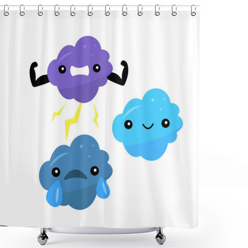 Personality  Set Of Different Cartoon Characters Of Clouds, The Sad Cloud With Tears, The Happy Cloud With Sun Behind It, And The Strong Cloud With Lightning And Biceps Shower Curtains