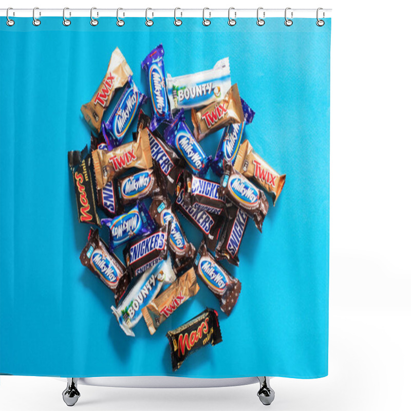 Personality  Twix, Milky Way, Snickers, Bounty, Mars  Popular Mini Candy Chocolate Bars On Blue Background With Copy Space Shower Curtains