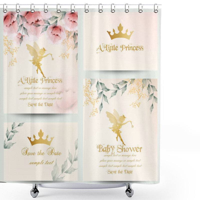 Personality  Happy Birthday Little Princess Cards Set Vector. Delicate Floral Bouquets Shower Curtains