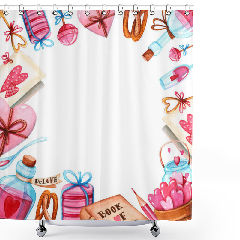 Personality  Blank Square Frame Template With Hand Drawn Valentine's Day Design Elements On White Background. Love, Holidays And Watercolor Illustration Concept Shower Curtains