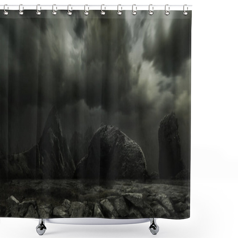 Personality  Spooky Night. Scary And Mystic Theme, Rocks And Mountains In Fog. Conceptual Background For Your Design, Poster, Ad. Shower Curtains