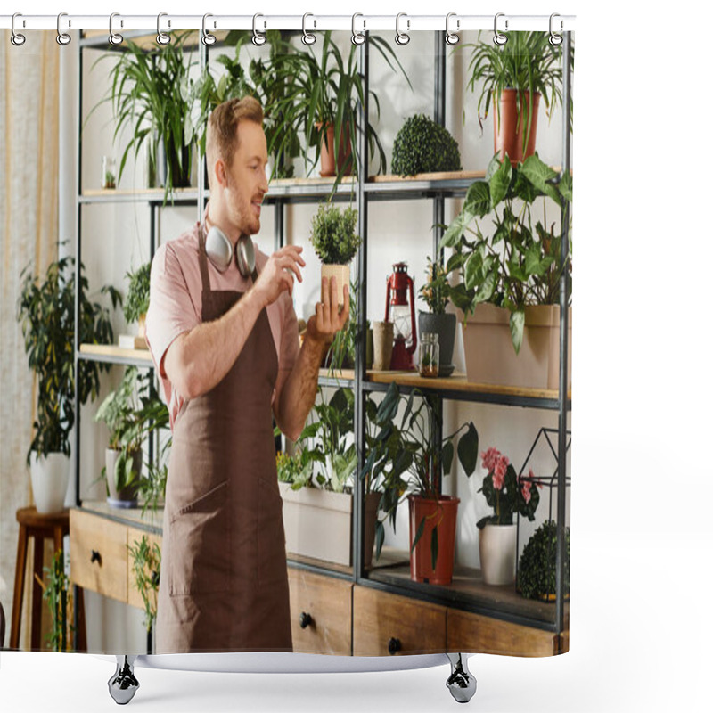 Personality  A Man Stands In Front Of A Shelf Filled With Various Potted Plants In A Small Plant Shop, Embodying The Essence Of Nature And Entrepreneurship. Shower Curtains