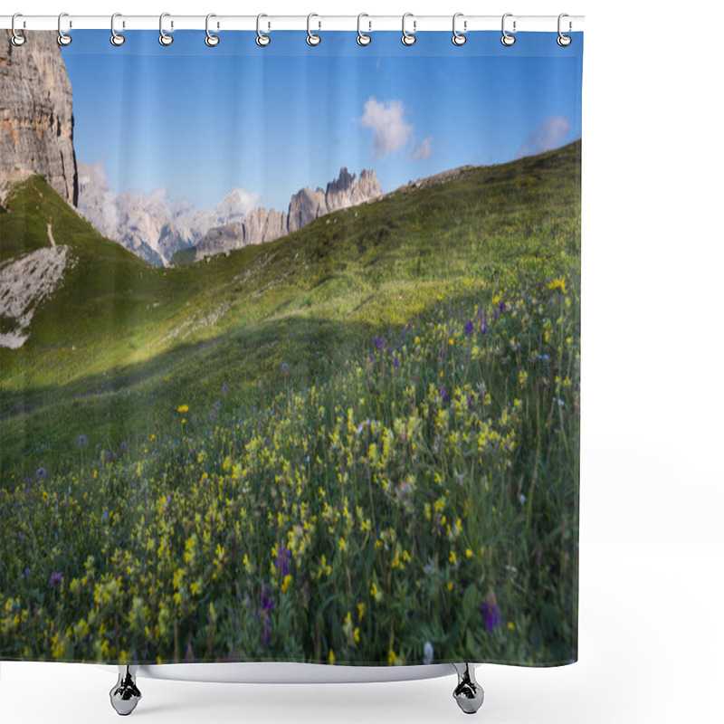 Personality  Yellow Flowers In The Meadows And Croda Da Lago Mountain Range, Dolomites, Veneto, Italy Shower Curtains