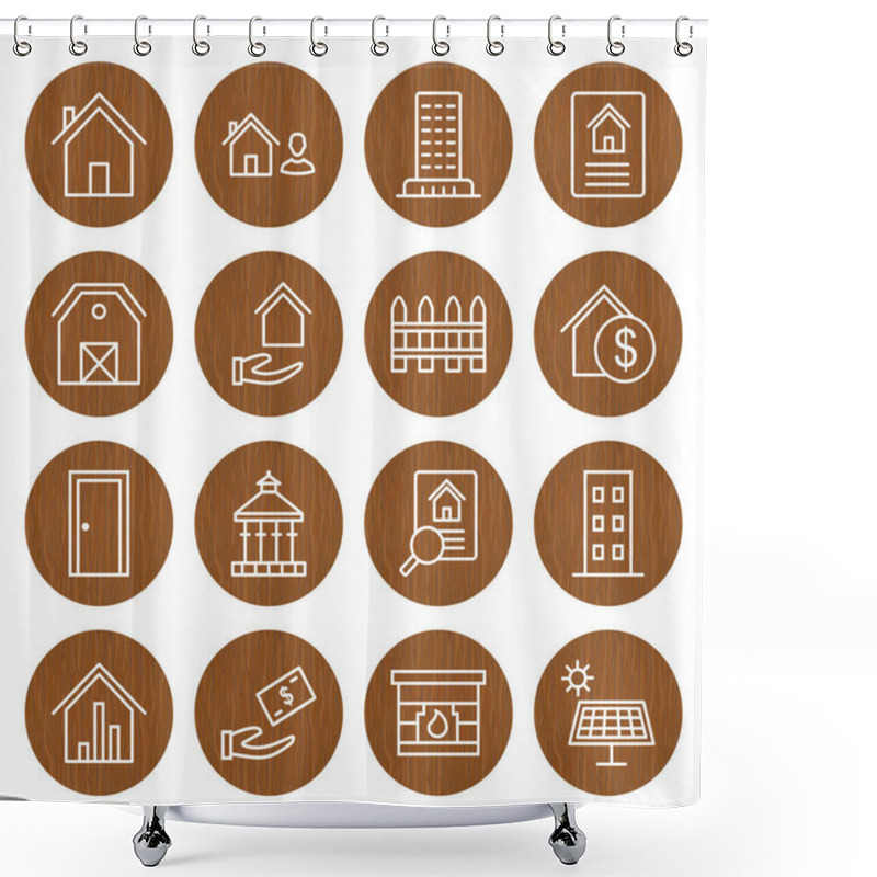 Personality  Set Of 16 Real Estate Icons On White Background Vector Isolated Elements... Shower Curtains