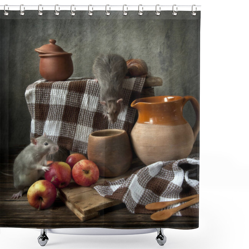 Personality  Two Cute Little Gray Rats Plays Into Still Life Composition In V Shower Curtains