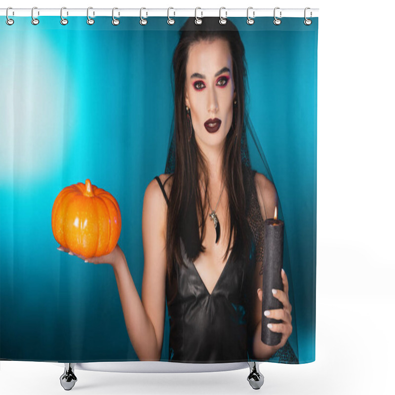 Personality  Young Pale Woman With Black Makeup And Veil Holding  Candle And Pumpkin On Blue Shower Curtains