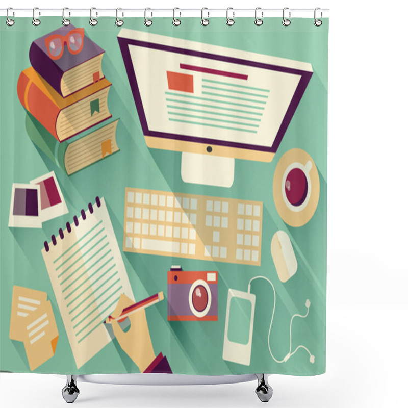 Personality  Flat Design Objects, Work Desk, Long Shadow, Office Desk, Computer And Stationery Shower Curtains