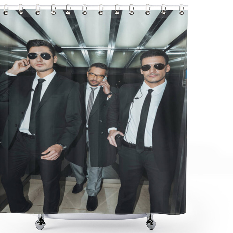 Personality  Businessman Talking By Smartphone And Going With Bodyguards Shower Curtains