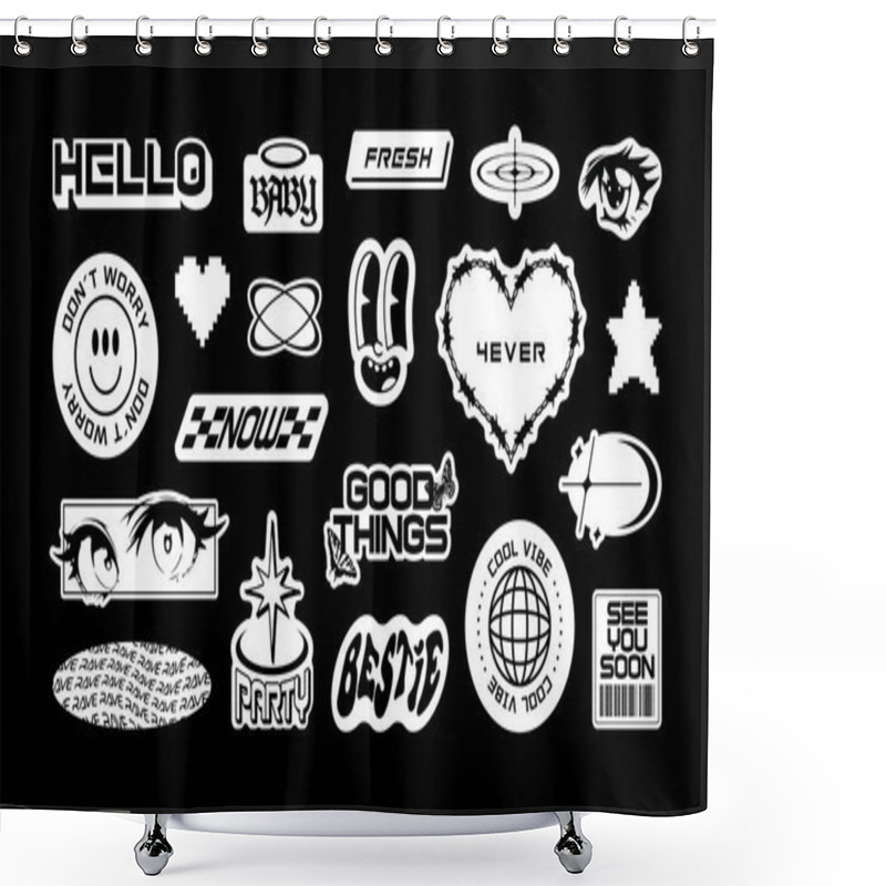 Personality  Trendy Y2K Sticker Illustration Set. Retro 2000s Text Quote Label Collection. Funny Futuristic Tag With Love Heart, Anime Cartoon And Party Message. Black And White Gen Z Cyber Style Bundle. Shower Curtains