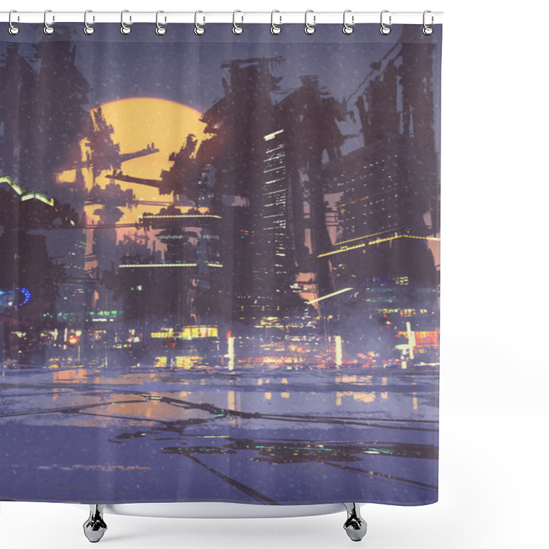 Personality  Illustration Painting Of Sci-fi City Shower Curtains