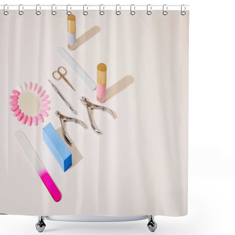 Personality  High Angle View Of Bottles And Samples Of Nail Polish With Manicure Instruments On White Background Shower Curtains