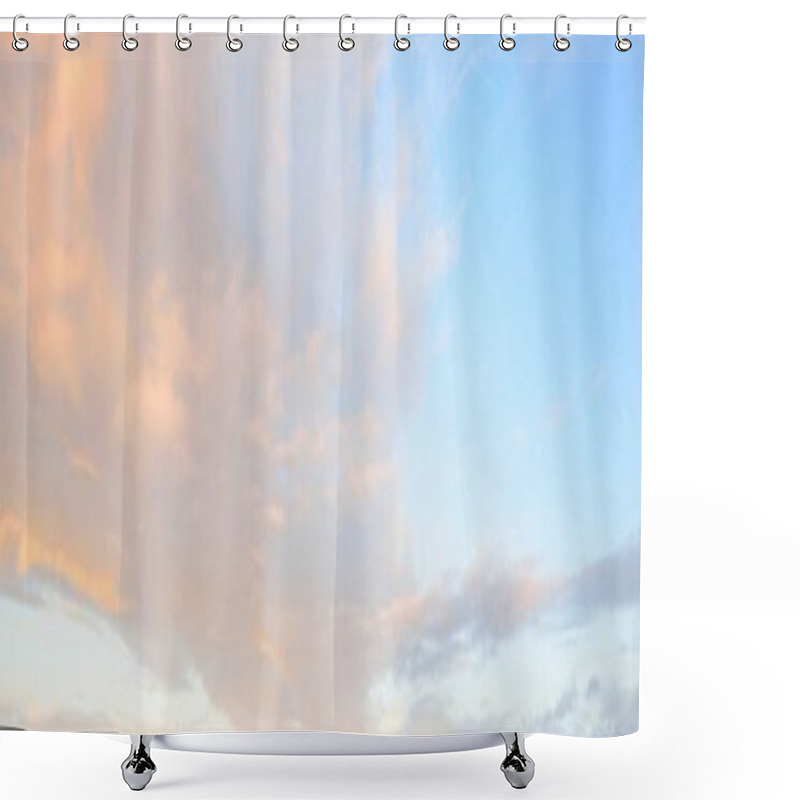 Personality  Clear Blue Sky. Glowing Pink And Golden Cirrus And Cumulus Clouds After Storm, Soft Sunlight. Dramatic Sunset Cloudscape. Meteorology, Heaven, Peace, Graphic Resources, Picturesque Panoramic Scenery Shower Curtains