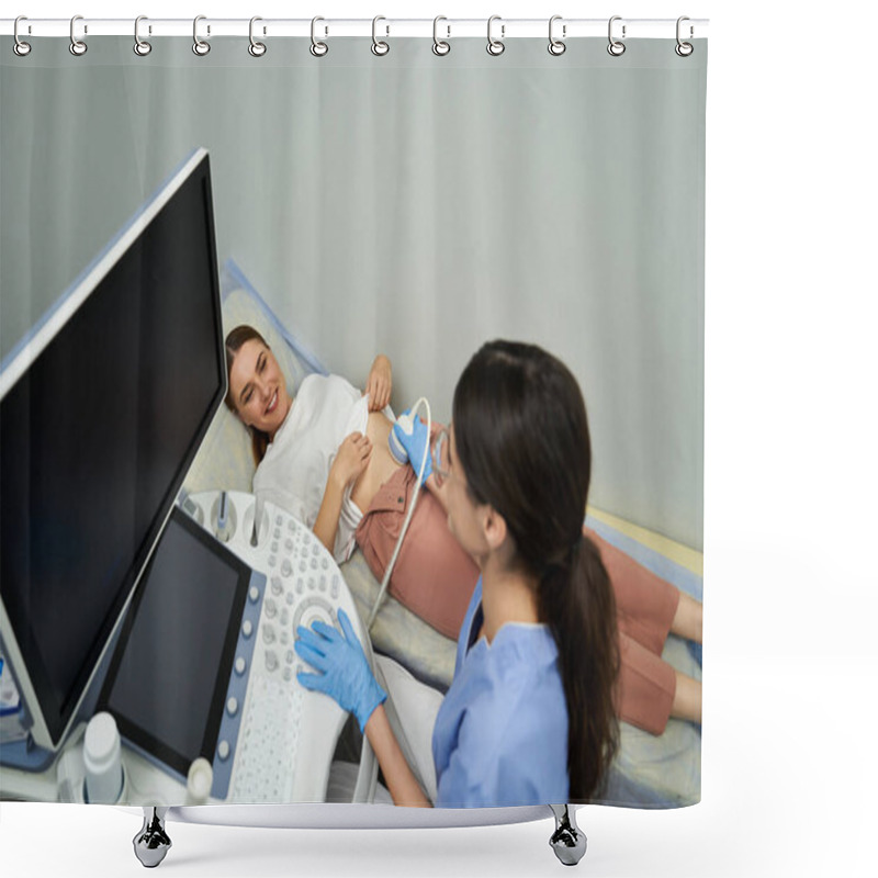 Personality  A Gynecologist Performs A Detailed Ultrasound On A Relaxed Woman At A Modern Clinic. Shower Curtains