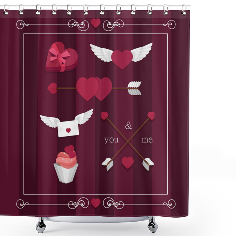 Personality  Happy Valentines Day Set With Hearts, Wings, Candy, Gift, Ribbon, Bow, Letter Recognition, Cake Shower Curtains