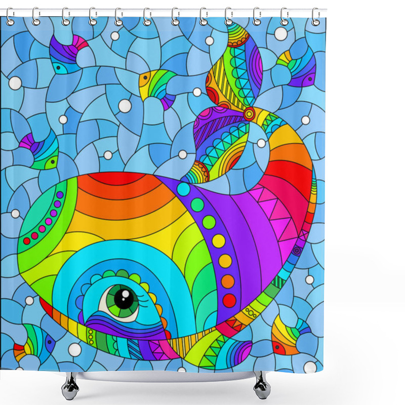 Personality  Stained Glass Illustration With An Abstract Cartoon Rainbow Whale And Fish On A Background Of Water And Air Bubbles Shower Curtains