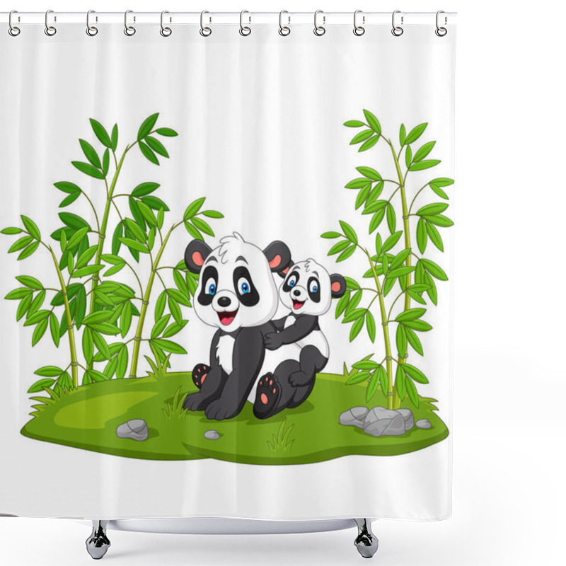 Personality  Vector Illustration Of Cartoon Mom And Baby Panda In The Bamboo Tree Shower Curtains