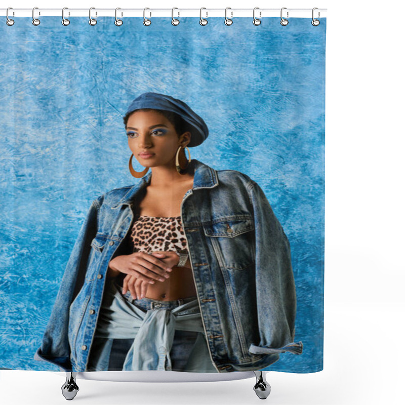 Personality  Trendy African American Model In Beret And Golden Earrings Posing In Denim Jacket And Top With Animal Pattern While Standing On Blue Textured Background, Stylish Denim Attire Shower Curtains