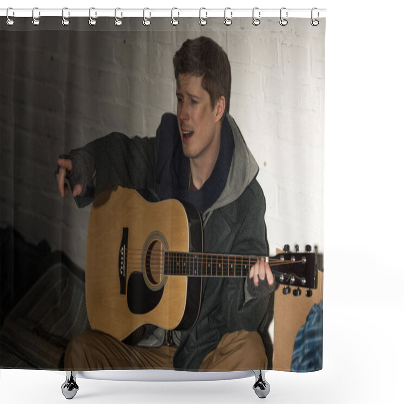 Personality  Homeless Man Playing Guitar And Singing While Sitting By White Brick Wall Shower Curtains