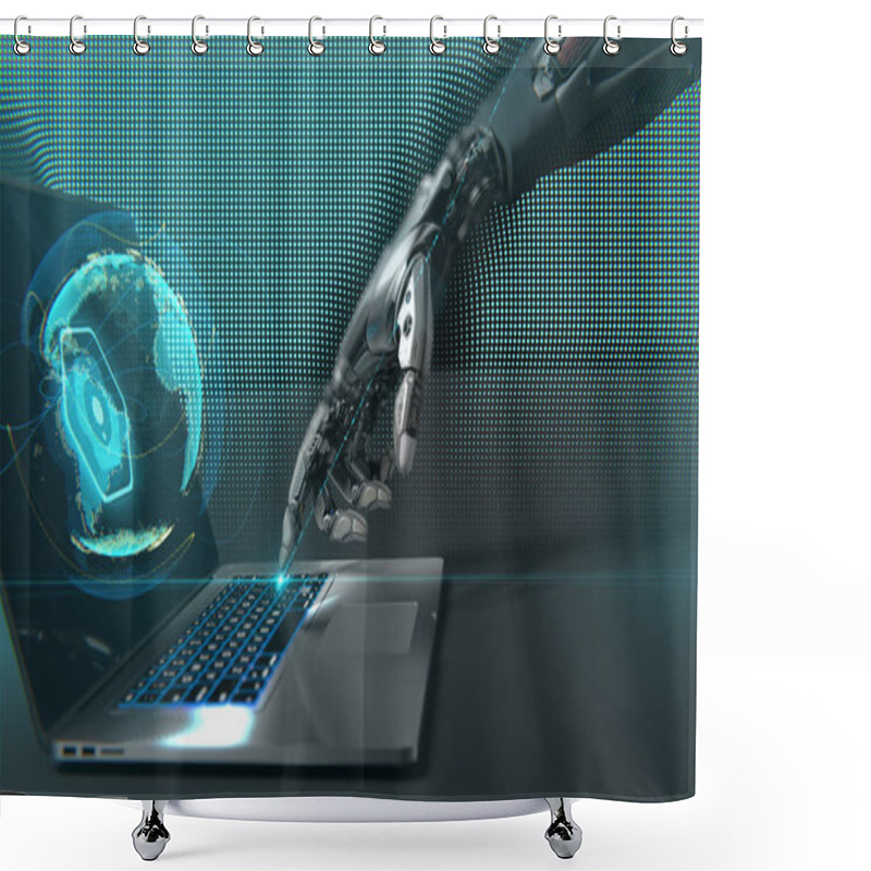 Personality  A Robot Working With Laptop. Highly Detailed Model Shower Curtains