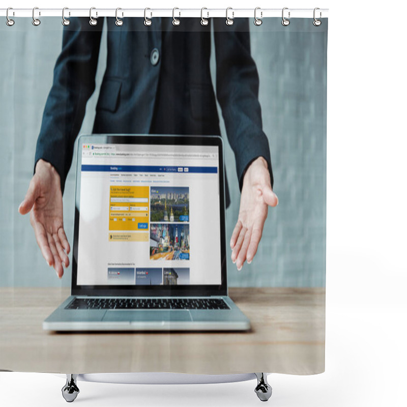 Personality  KYIV, UKRAINE - AUGUST 5, 2019: Cropped View Of Woman Gesturing Near Laptop With Booking Website On Screen  Shower Curtains