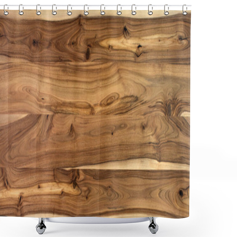 Personality  Table Wooden Surface From Natural Walnut. Rich Wood Grain Texture Background With Knots And Strong Lines. Copy Space Shower Curtains