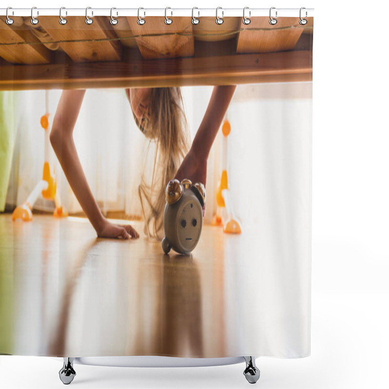 Personality  Annoyed Girl Reaching For Alarm Clock Under The Bed At Early Mor Shower Curtains