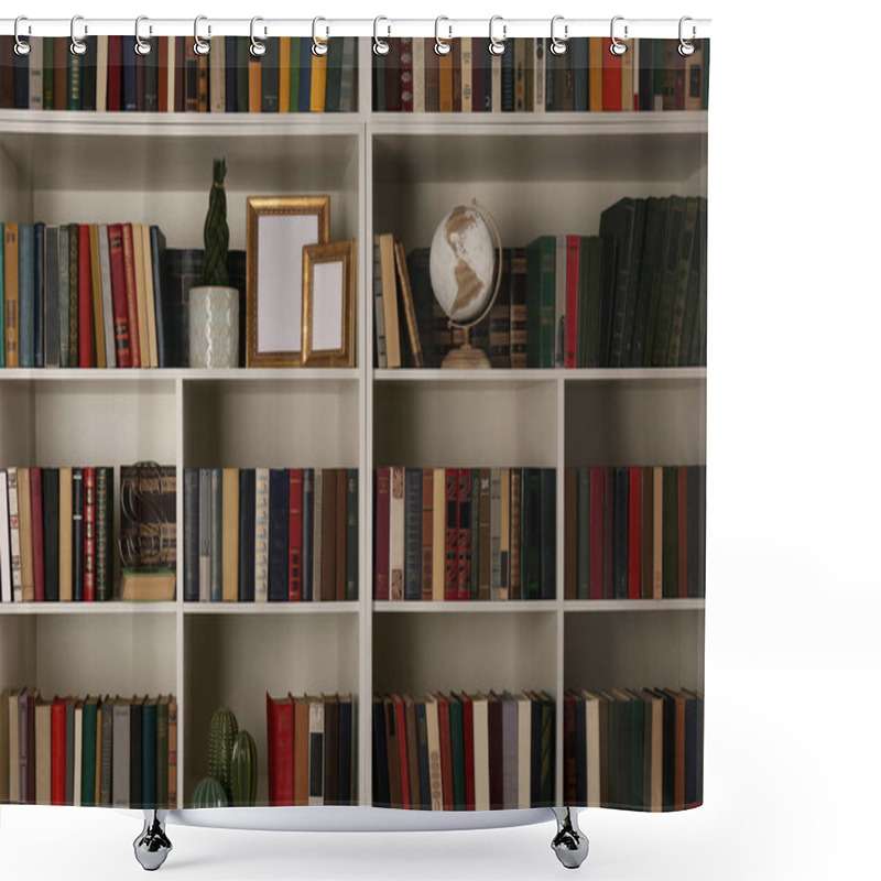 Personality  Collection Of Books And Decor Elements On Shelves. Home Library Shower Curtains