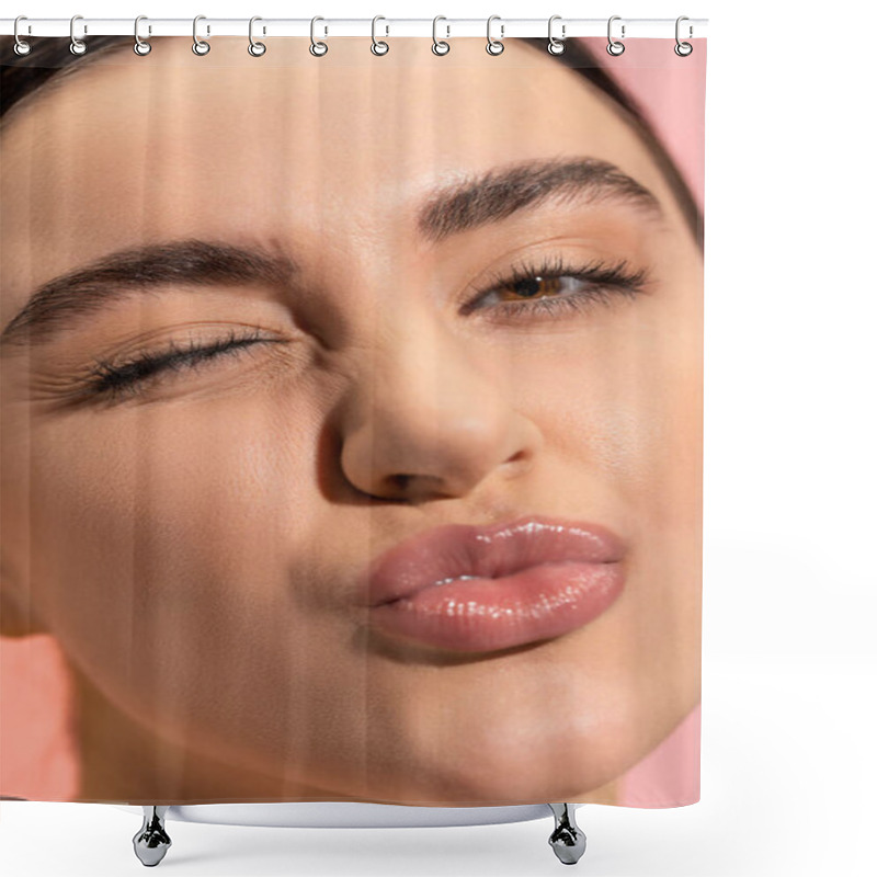 Personality  Close Up Of Young Woman Pouting Lips And Winking Eye Isolated On Pink  Shower Curtains