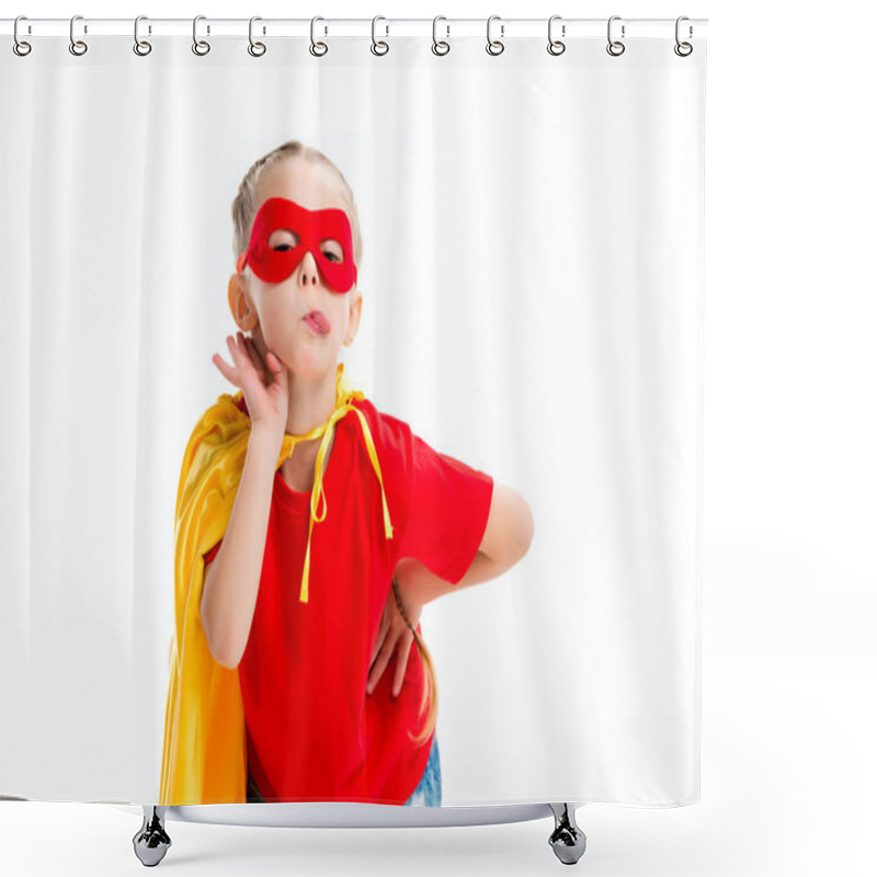 Personality  Supergirl Wearing Yellow Cape And Red Mask For Eyes Showing Tongue Isolated On White Shower Curtains