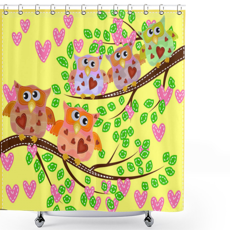 Personality  Bright Cute Cartoon Owls Sit On The Flowering Branches Of Fantastic Trees Shower Curtains