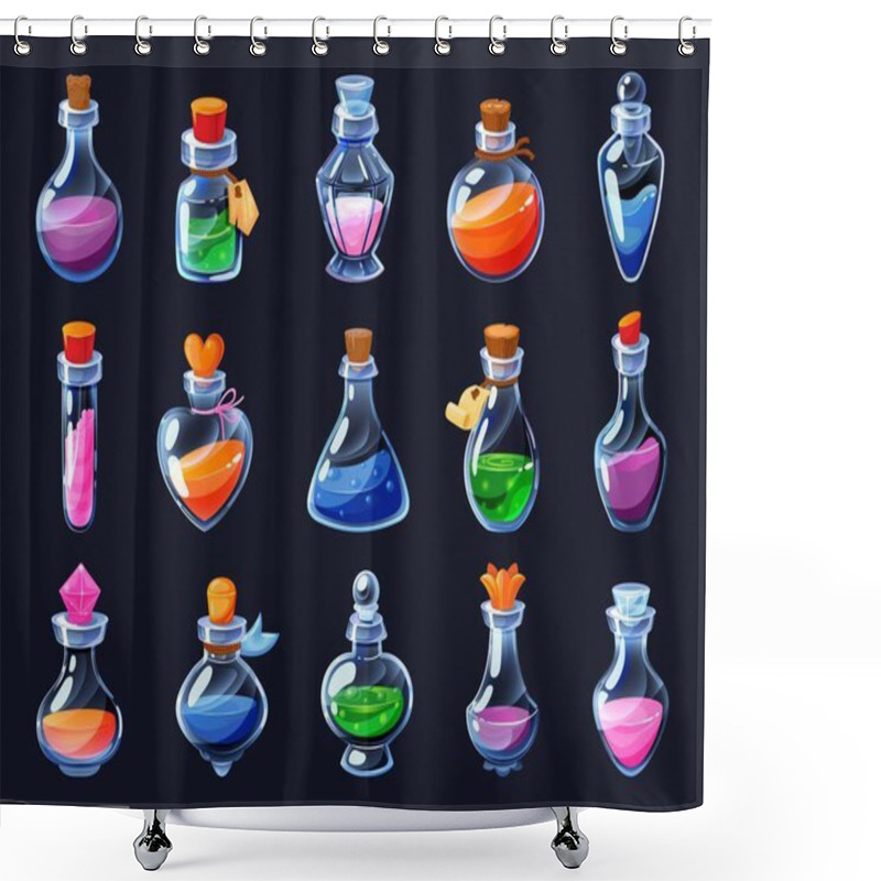 Personality  Game Potion. Cartoon Elixir For Strength Mana And Stamina, Love Potion Poison And Antidote In Magic Phials 2D Game UI Icon Asset. Vector Sprite Interface Elements Set. Magic Bottles For Witchcraft Shower Curtains