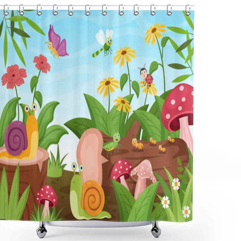 Personality  Beautiful Garden Cartoon Background Illustration With Scenery Nature Of Plants, Various Animals, Flowers, Tree And Green Grass In Flat Design Style Shower Curtains