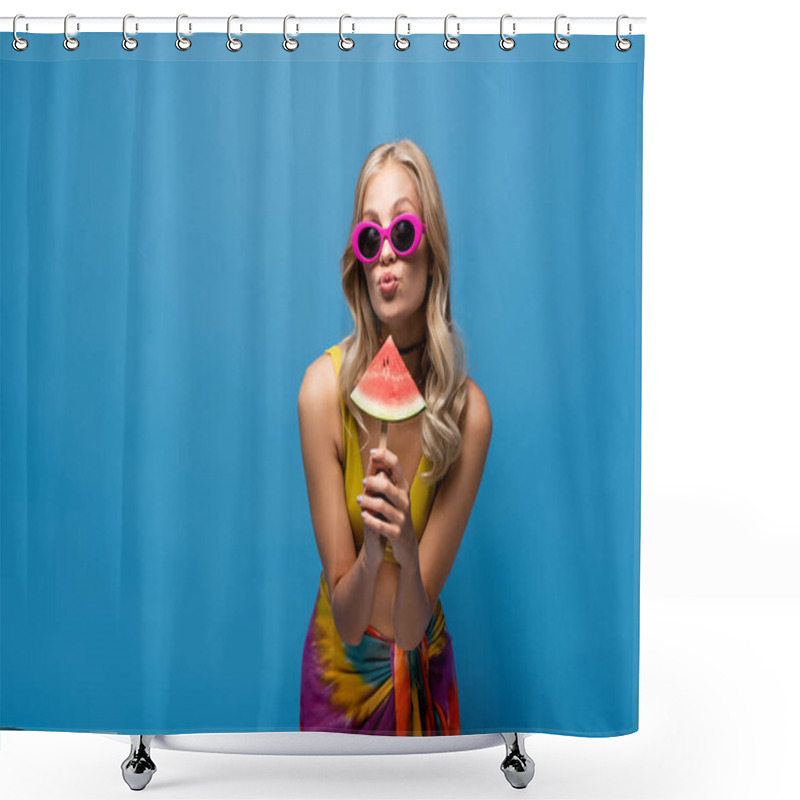 Personality  Young Woman Pouting Lips And Holding Popsicle Stick With Fresh Watermelon Isolated On Blue Shower Curtains