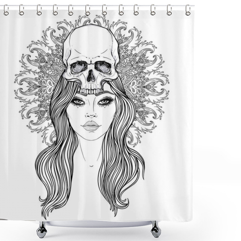 Personality  Shaman Woman With A Long Hair And Human Skull On Her Head. Vector Illustration With Mandala Background. Scary Design For Tattoo, Hipster T-shirt Design, Shower Curtains