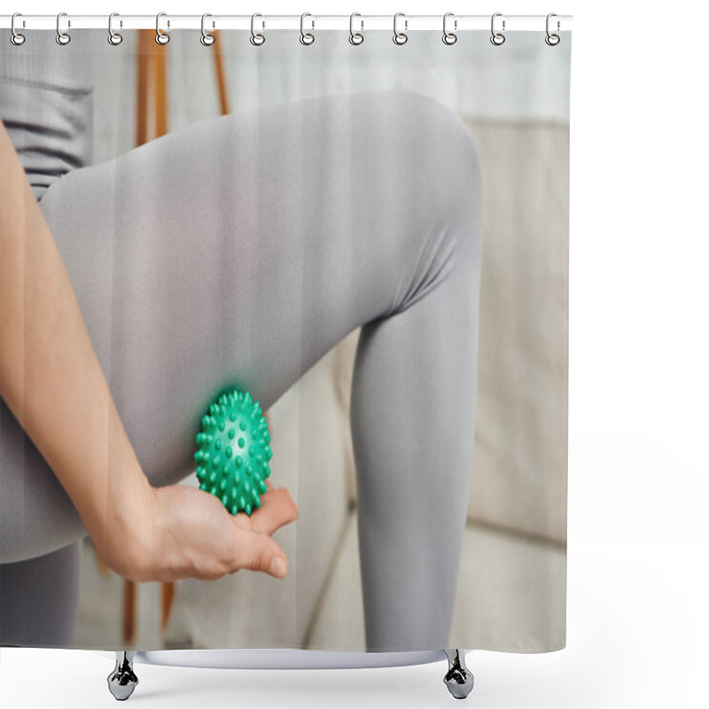 Personality  Cropped View Of Woman In Sportswear Massaging Leg With Manual Massage Ball Near Blurred Couch At Home, Holistic Wellness Practices And Body Relaxation Concept, Tension Relief Shower Curtains