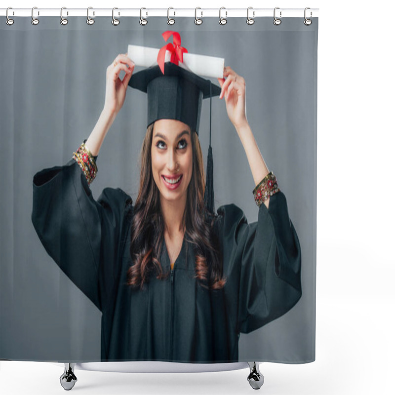 Personality  Cheerful Indian Student In Graduation Hat Holding Diploma, Isolated On Grey Shower Curtains