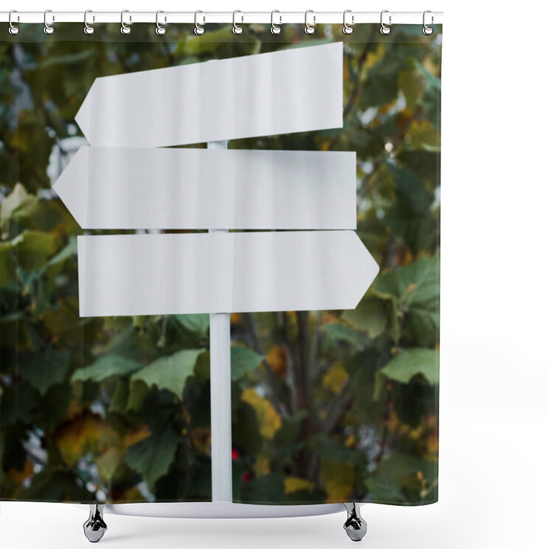 Personality  Close Up Of White And Empty Directional Arrows Near Bush With Green Leaves  Shower Curtains