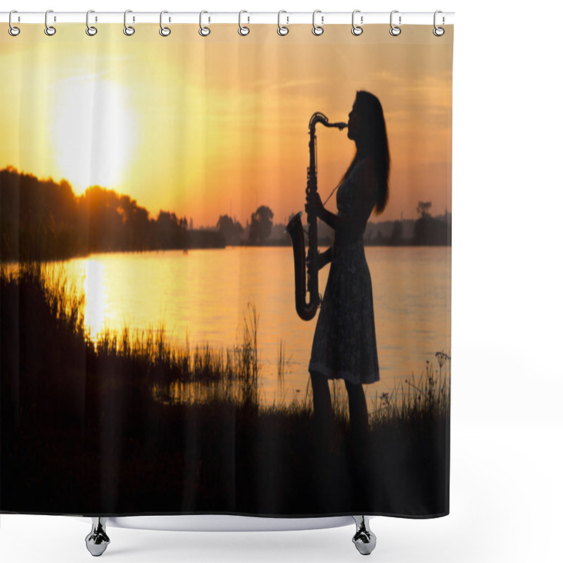 Personality  Silhouette Portrait Of A Woman In A Dress Whose Hobby Music, She Plays On The River Bank And Is Resting Emotionally Shower Curtains