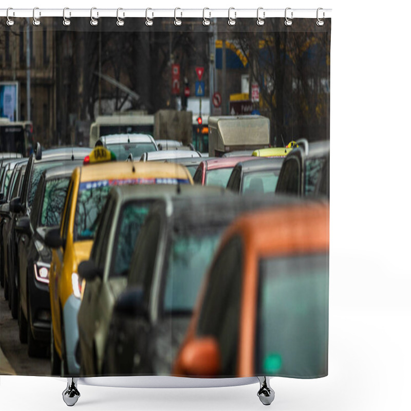 Personality  Car Traffic At Rush Hour In Downtown Area Of The City. Car Pollu Shower Curtains