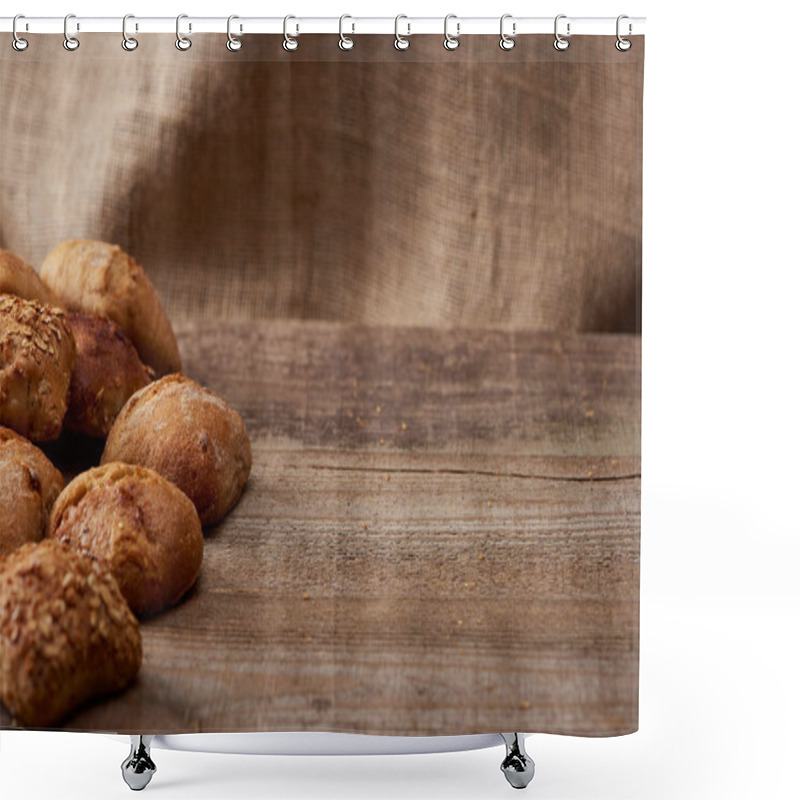 Personality  Delicious Loaves Of Bread On Wooden Table With Sackcloth On Background Shower Curtains