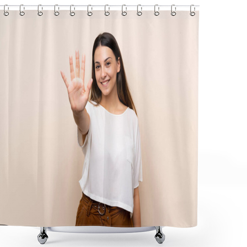 Personality  Young Brunette Woman Over Isolated Background Counting Five With Fingers Shower Curtains