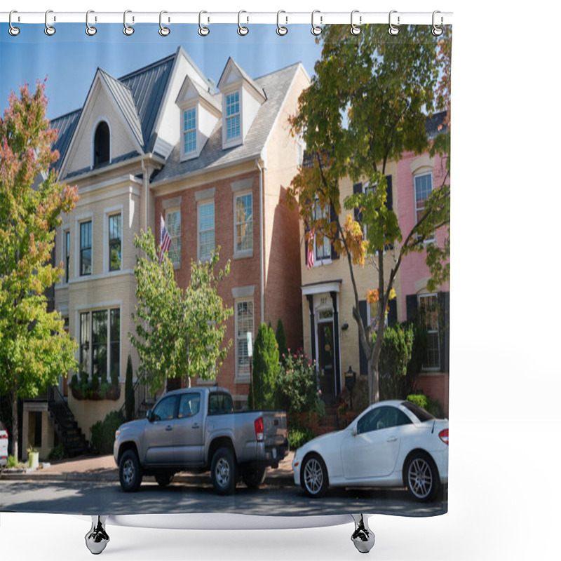 Personality  Rows Of Brick Townhouses Along The Road With Cars At The Curb. Alexandria, Virginia. Shower Curtains